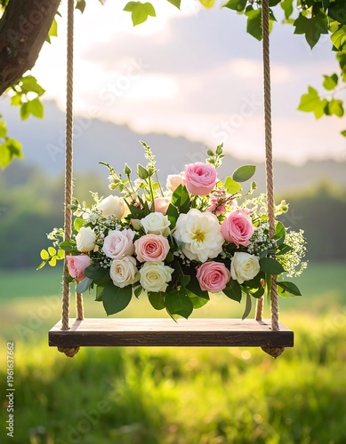 A wooden swing adorned with roses and wildflowers, hanging in a sun-drenched meadow