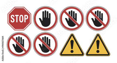 Collection of stop signs and prohibited hand gesture icons with yellow warning triangle for safety design.