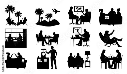 Flexible Remote Work Lifestyle Silhouettes Digital Nomad Vector Set