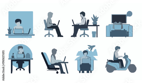 Minimal Remote Work Icons People Working Anywhere Silhouette Vector