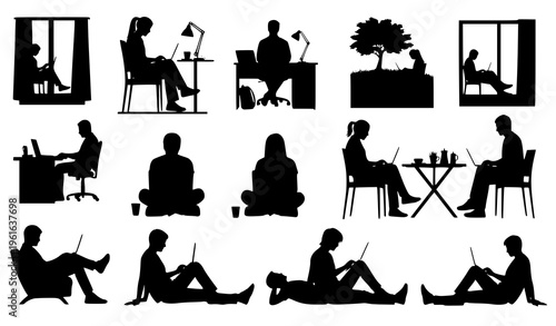 Remote Work Silhouette Set Flexible Lifestyle Work From Anywhere Vector