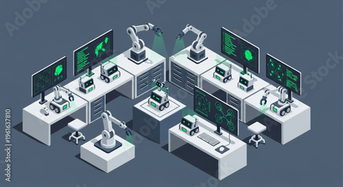 Isometric View of a Modern Robotics Lab with Advanced Equipment.