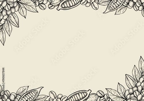 Botanical coffee and cocoa bean elements on a minimalist cream background providing a decorative frame design