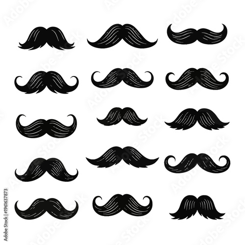 Collection of fifteen black mustache silhouette icons featuring various styles like handlebar and chevron with white hair texture details, isolated on a plain white background.