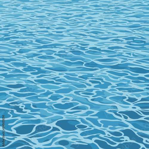 Stylized vector illustration of blue ocean water surface with liquid ripples and light reflections, featuring layered shades of cerulean and azure in a top-down perspective view.