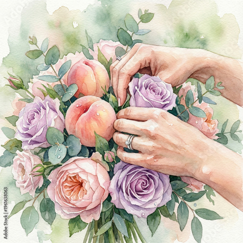 Two hands carefully arranging a floral bouquet of pink peaches, lavender roses, and eucalyptus greenery copy