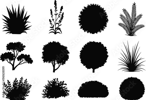 Collection of twelve plant and tree silhouettes in diverse forms including spiky leaves, flowering stalks, rounded bushes, and canopy trees for botanical, design, and landscape illustration