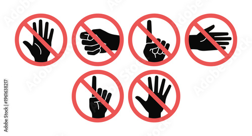 Red prohibition signs with hand gestures indicating no entry or stop signals vector icons.
