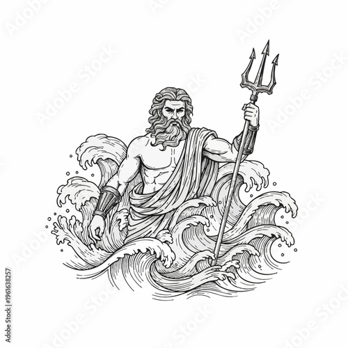 Poseidon the Greek god of the sea holding a trident amongst cresting ocean waves, black and white mythological engraving style illustration of Neptune with flowing beard and muscles.