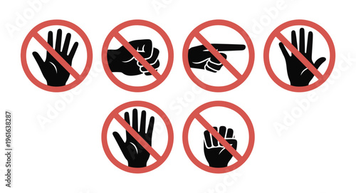 Red prohibition signs displaying diverse hand gestures like stop punch and pointing vector icons.