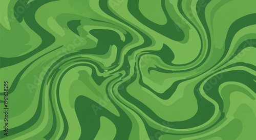 Abstract psychedelic liquid swirl background featuring various shades of green, including lime and forest green, with flowing organic wavy lines and curved fluid shapes.