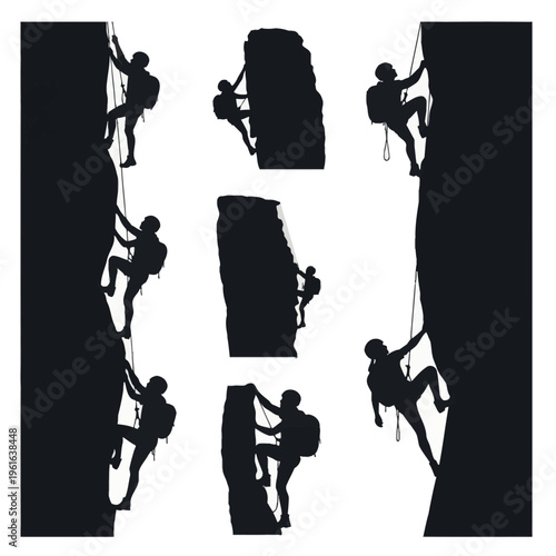 Set of black silhouettes showing rock climbers ascending steep mountain faces and cliff walls with safety ropes, helmets, and backpacks, isolated on white background for design.