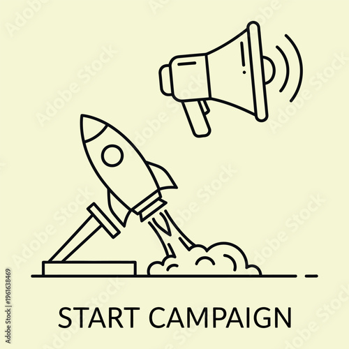 Minimal line of rocket launching with megaphone and start campaign text line minimal launch blast off