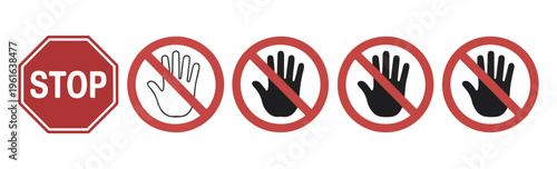 Stop sign and collection of hand prohibition symbols with red circular borders and black palm silhouettes.