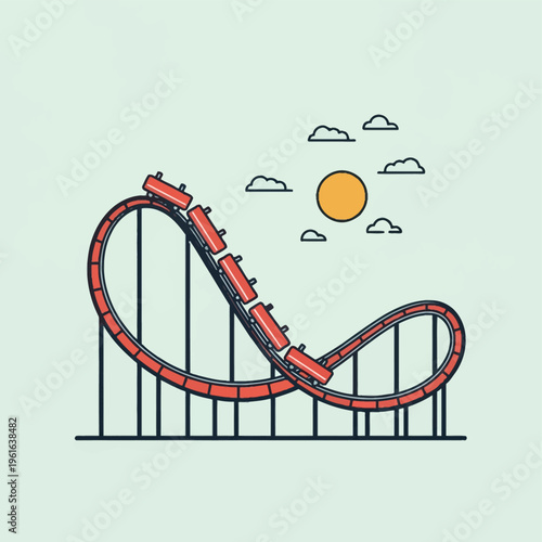Flat vector illustration of a red roller coaster train descending a curved orange track with vertical support beams under a yellow sun and outlined clouds in a clear sky.