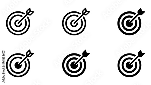 Six black and white icons depicting a bullseye target with an arrow