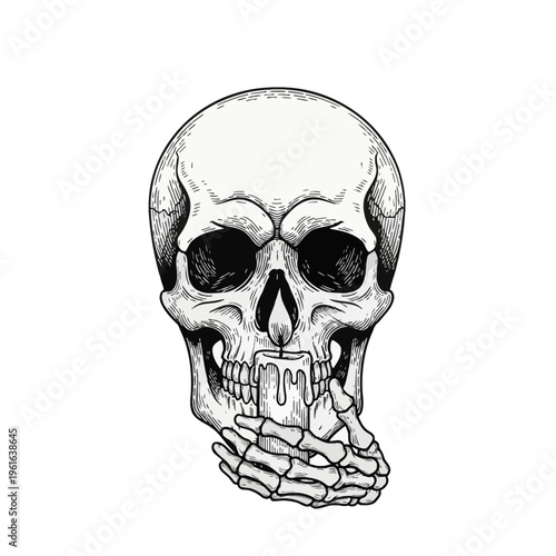 Vintage style hand drawn engraving of a human skull with a skeletal hand holding a burning candle, featuring detailed cross hatching and line art isolated on a white background.