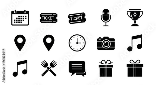 Collection of Event and Celebration Icons in Black Silhouette.