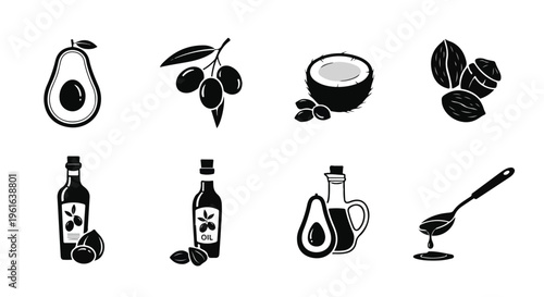 Olive oil icons, black and white, vector set, food and drink illustrations, kitchen utensils