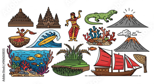 Indonesia cultural and natural icons collection, showcasing temples, dances, and landscapes.