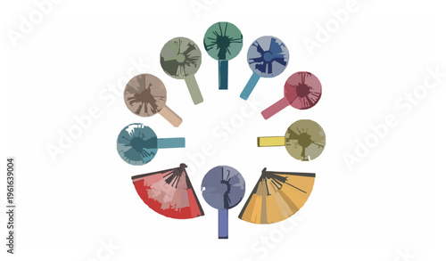 Colorful handheld fan collection vector with modern and traditional cooling fans in circular layout isolated on white