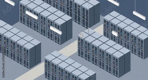 Isometric Data Center Illustration - Server Racks and Network Infrastructure.