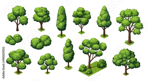 Collection of stylized isometric green trees and shrubs isolated on white background, featuring diverse botanical shapes including conical, rounded, and spreading leafy canopies.