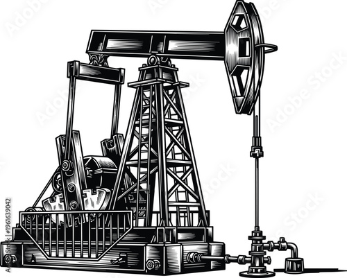 Vintage oil pump jack illustration with detailed mechanical structure, petroleum extraction equipment isolated on white background, classic engraving style for energy and industry concept