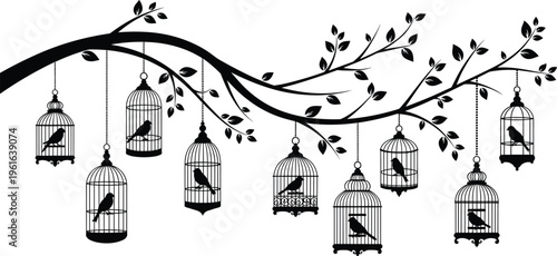 Hanging bird cages on tree branch silhouette detailed nature composition vintage decorative vector illustration with birds elegant artistic design
