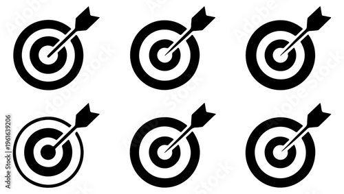 Black and white illustration of six targets with arrows hitting the bullseye