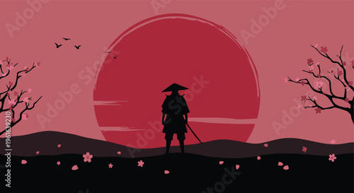 Samurai warrior silhouette against a vivid red sun with cherry blossom trees and falling petals illustrating an iconic cultural landscape illustration