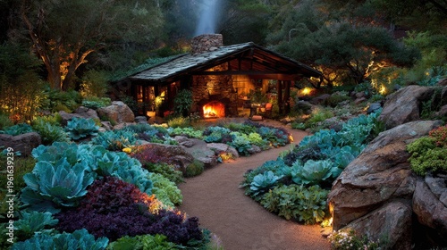 Enchanting woodland retreat glows warmly with illuminated landscaping at twilight