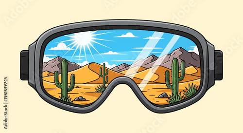 Vector illustration of a desert landscape reflection in a pair of goggles, featuring saguaro cacti, orange sand dunes, and mountains under a bright sun and blue sky with clouds.