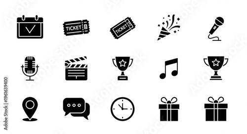 Collection of Event and Celebration Icons in Black Silhouette Style.