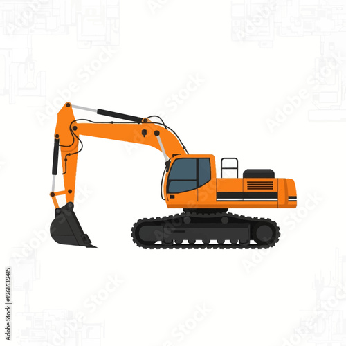Orange crawler excavator vector illustration isolated on white background. Heavy machinery for construction, earthmoving equipment with hydraulic boom and digging bucket.