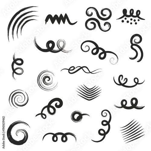 Collection of black hand-drawn organic grunge shapes, ink swirls, brush stroke spirals, decorative curved lines, zigzag elements, and abstract curls isolated on white background.