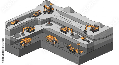 Isometric View of Open-Pit Mining Operation with Heavy Machinery.