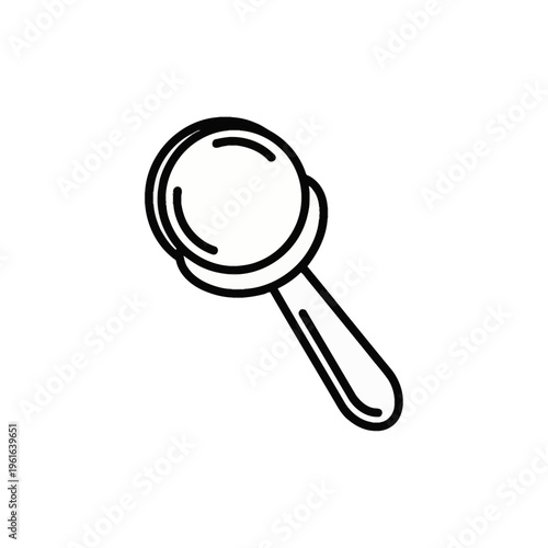 Minimalist black and white line art illustration of a baby rattle or hand-held toy, featuring a circular head and rounded handle, isolated on a plain white background for design.