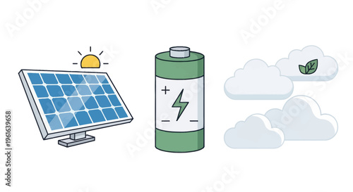 Solar panel, battery, and clouds with leaf icon: renewable energy concept