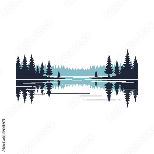 Minimalist vector illustration of a coniferous forest landscape bordering a calm lake with symmetrical pine tree reflections, featuring a clean horizontal design on a white background.
