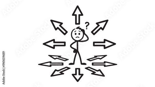Confused Businessman Surrounded By Arrows For Decision Making Concepts