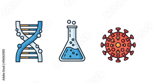 DNA helix, laboratory flask, and coronavirus icon symbols