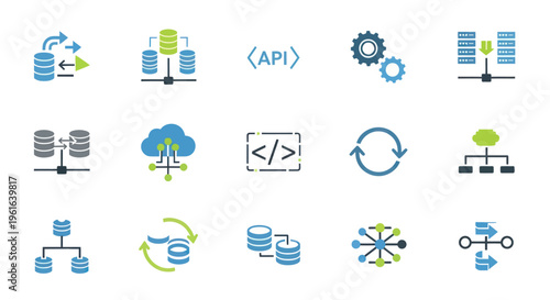 Cloud Computing, Database & API Technology Icons: Data Flow, Network Sync, Coding