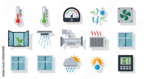 HVAC System Icons: Temperature, Airflow, Ventilation, Heating, Cooling, Weather