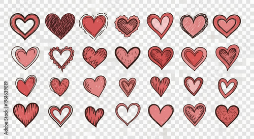 Diverse collection of hand-drawn red heart icons in various artistic styles including doodle, scribbled, sketched, and outlined designs isolated on a transparent background grid.