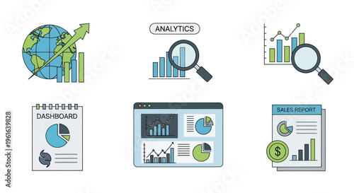 Business analytics icons: charts, graphs, globe, dashboard, magnifying glass, sales report
