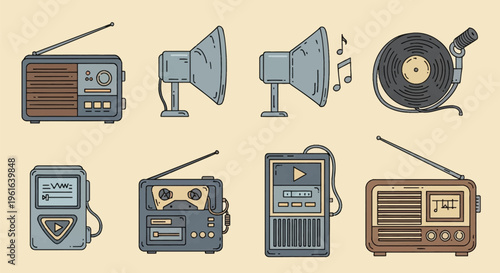 Collection of vintage electronics illustrations including transistor radios, vinyl record turntable, cassette player, megaphone speakers, and portable media devices in a line art doodle style.