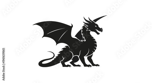 Black dragon silhouette in side profile view with large bat-like wings, sharp horns, and a spiked tail isolated on a white background for fantasy and mythological design projects.