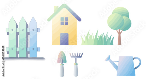 Cozy Home Garden Illustration: House, Fence, Tools, Tree, Grass
