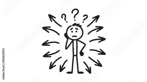 Confused Stick Figure Surrounded By Arrows And Question Marks On White Background For Business Concepts
